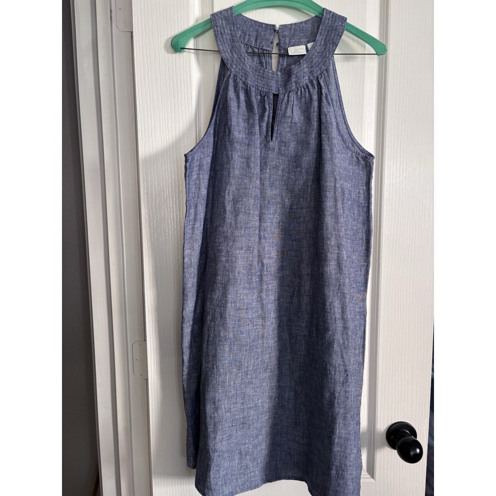 St. Tropez West Dress M Blue Linen Sleeveless A-Line Keyhole Bust